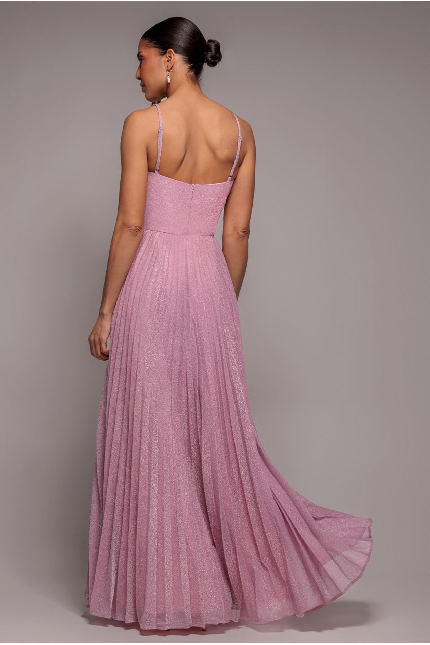 Pink Shimmer Lurex Sleeveless Pleated A-Line Maxi Dress DR4494