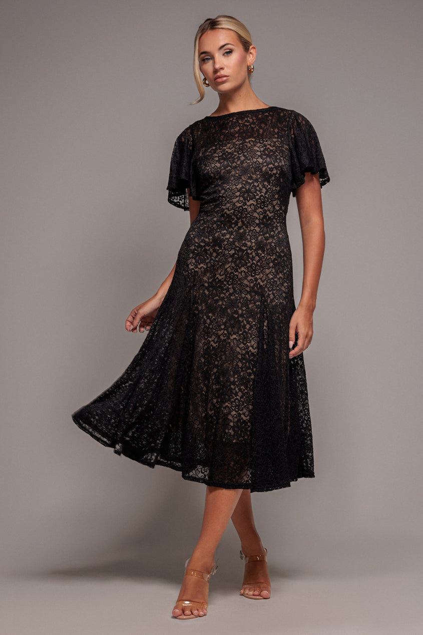 Black Lace Flutter Sleeve A-Line Midi Dress DR4498