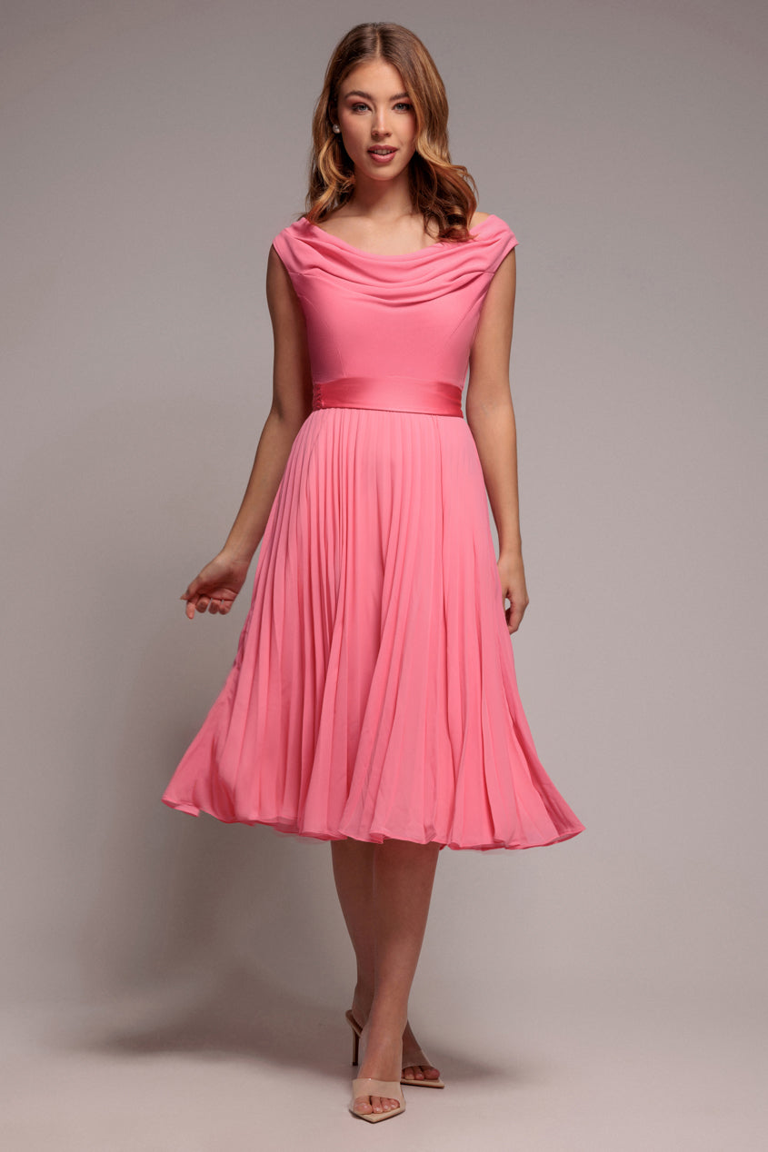 Coral Cowl Neck Pleated A-Line Chiffon Midi Dress DR4501