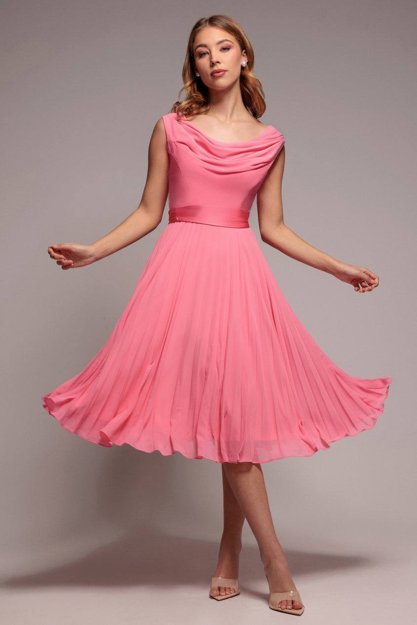 Coral Cowl Neck Pleated A-Line Chiffon Midi Dress DR4501