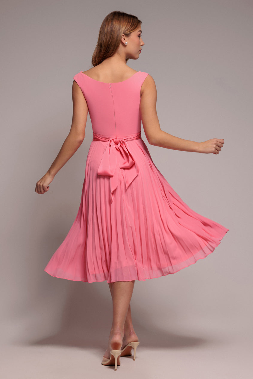 Coral Cowl Neck Pleated A-Line Chiffon Midi Dress DR4501