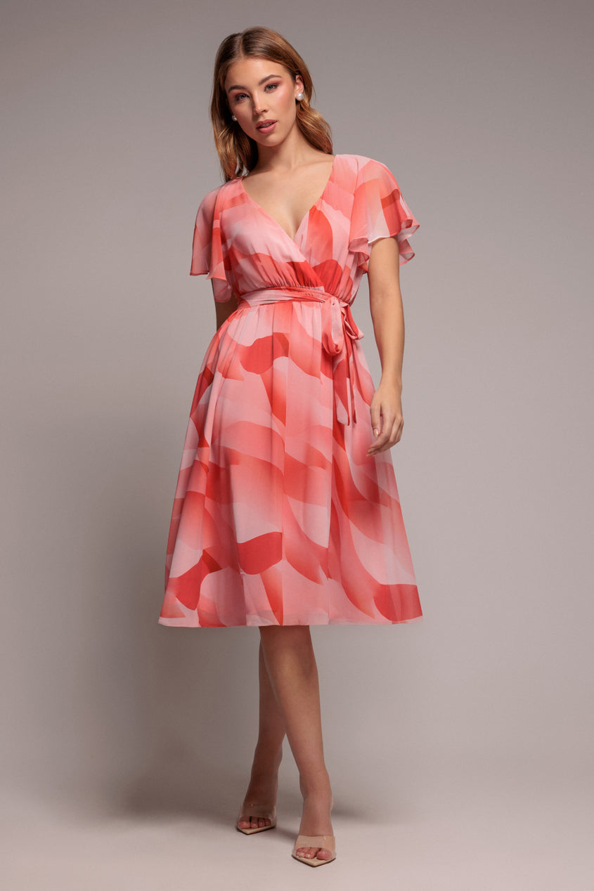 Coral Floral Flutter Sleeve Chiffon Midi Dress DR4515
