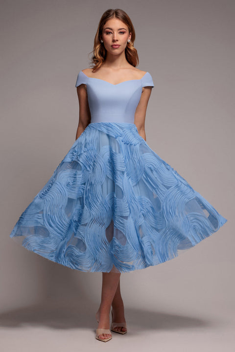 Blue Scuba & Textured Chiffon A-Line Midi Dress by Goddiva