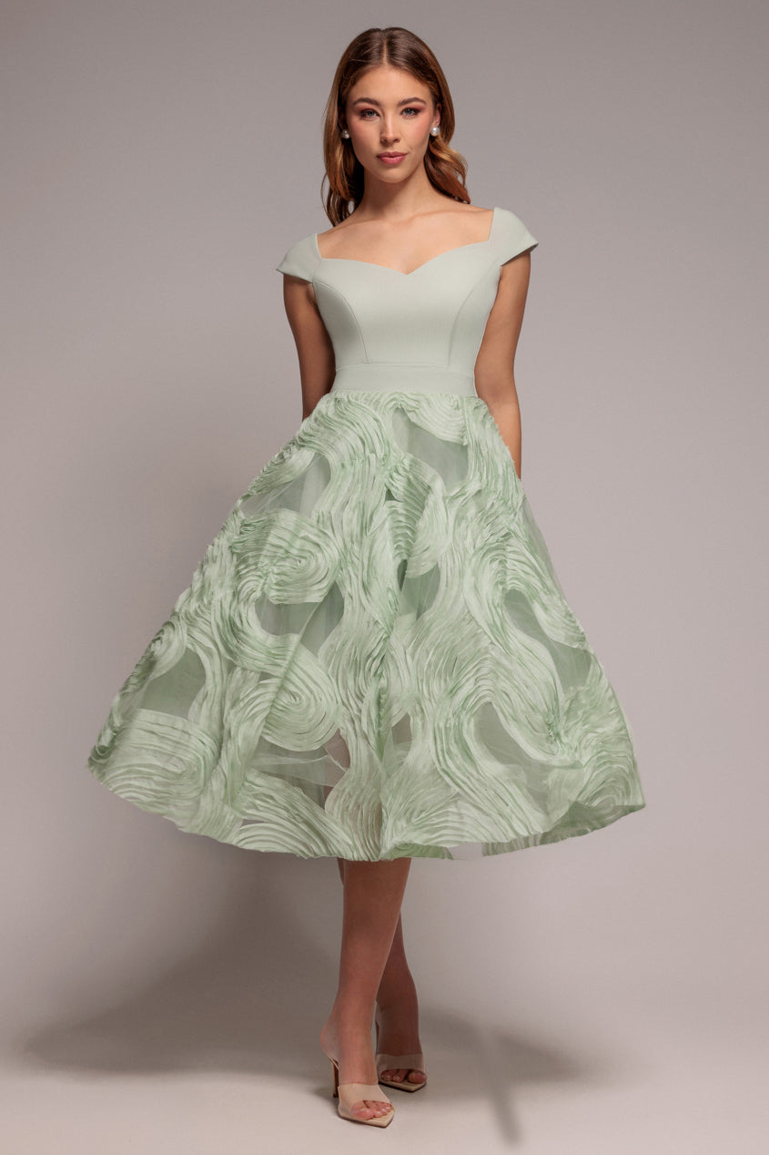 Sage Green Scuba & Textured Chiffon A-Line Midi Dress DR4549