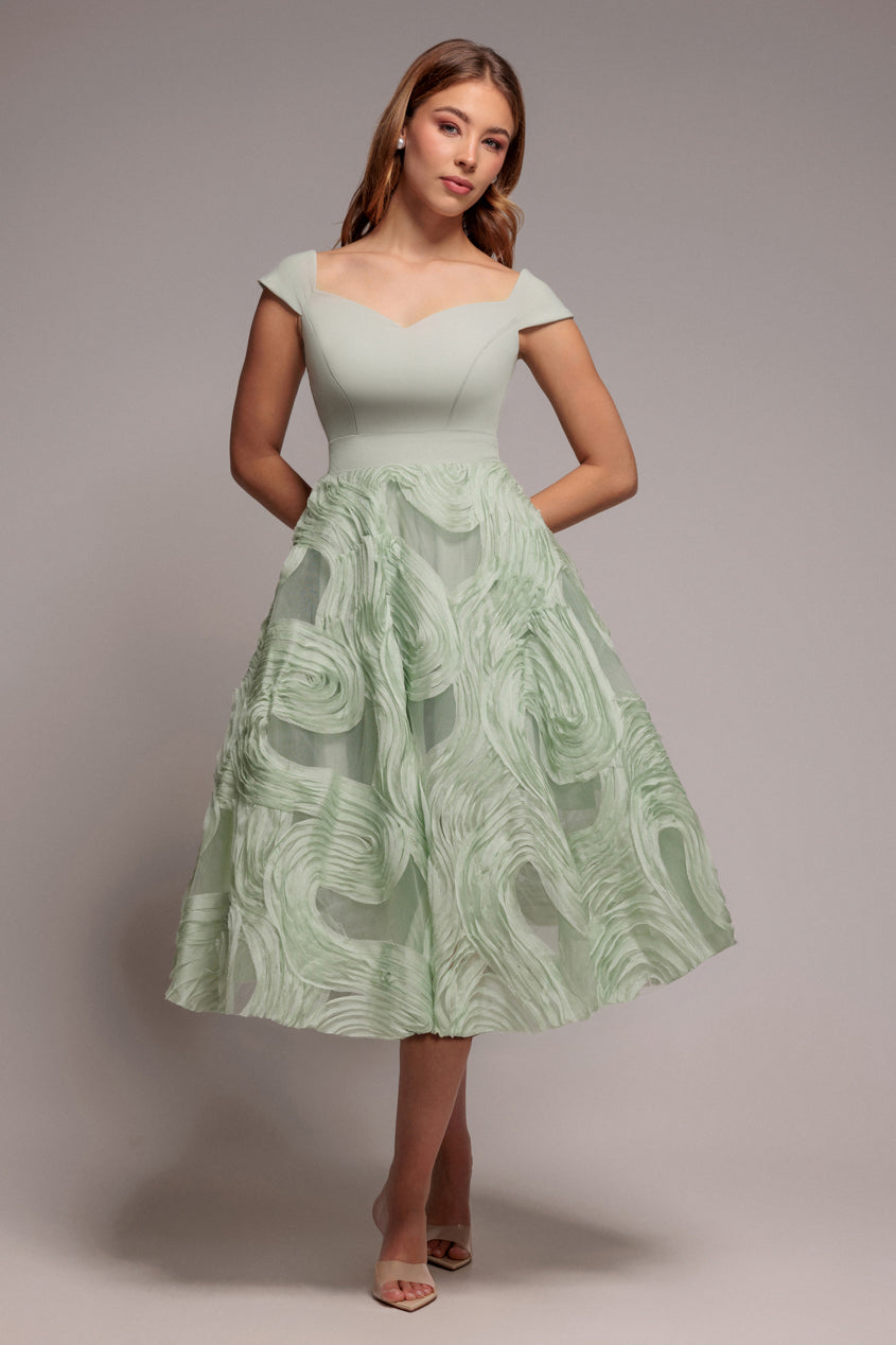 Sage Green Scuba & Textured Chiffon A-Line Midi Dress DR4549