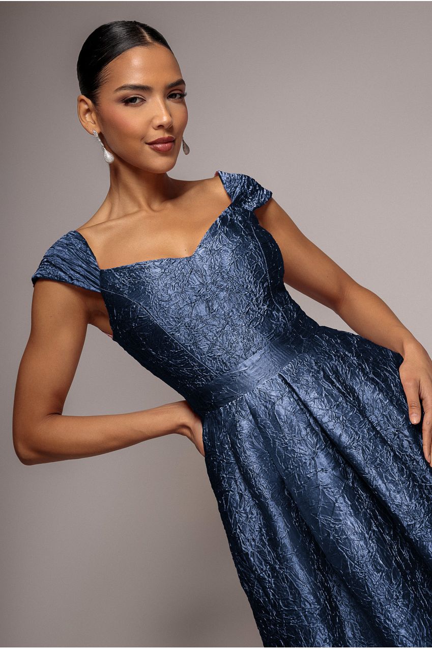 Navy Crushed Satin Sleeveless A-Line Midi Dress DR4551