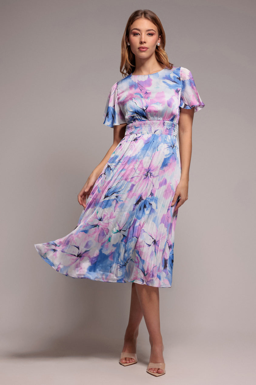 Blue Floral Flutter Sleeve Pleated Chiffon Midi Dress DR4565