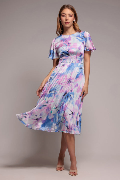 Blue Floral Flutter Sleeve Pleated Chiffon Midi Dress by Goddiva