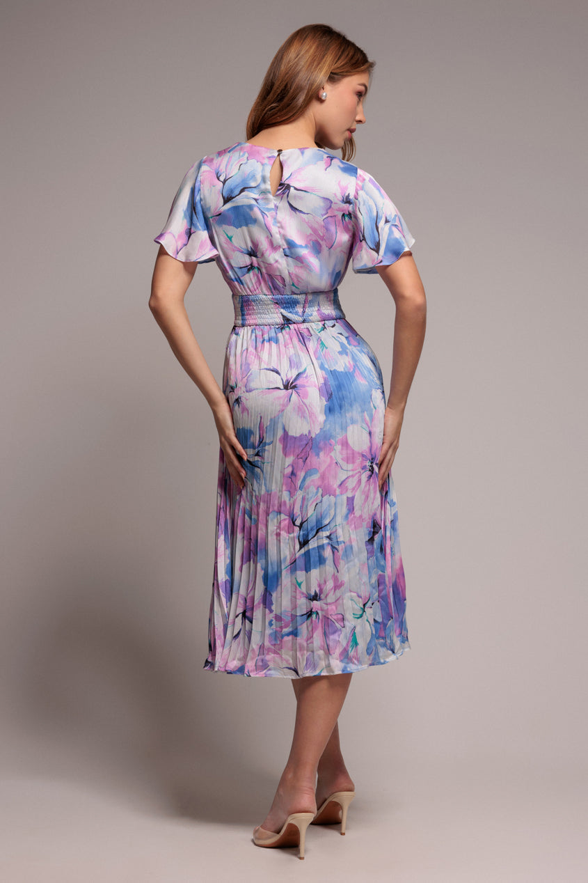 Blue Floral Flutter Sleeve Pleated Chiffon Midi Dress DR4565