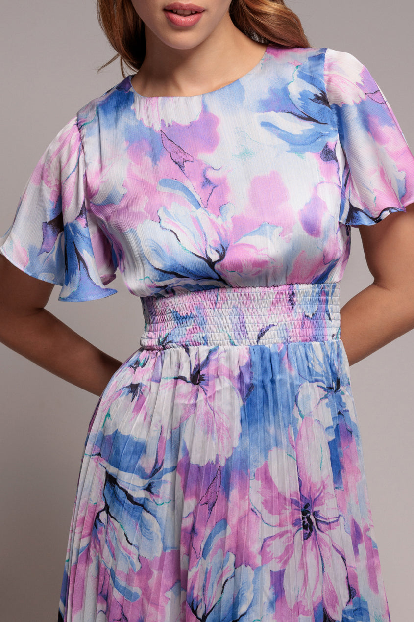 Blue Floral Flutter Sleeve Pleated Chiffon Midi Dress DR4565