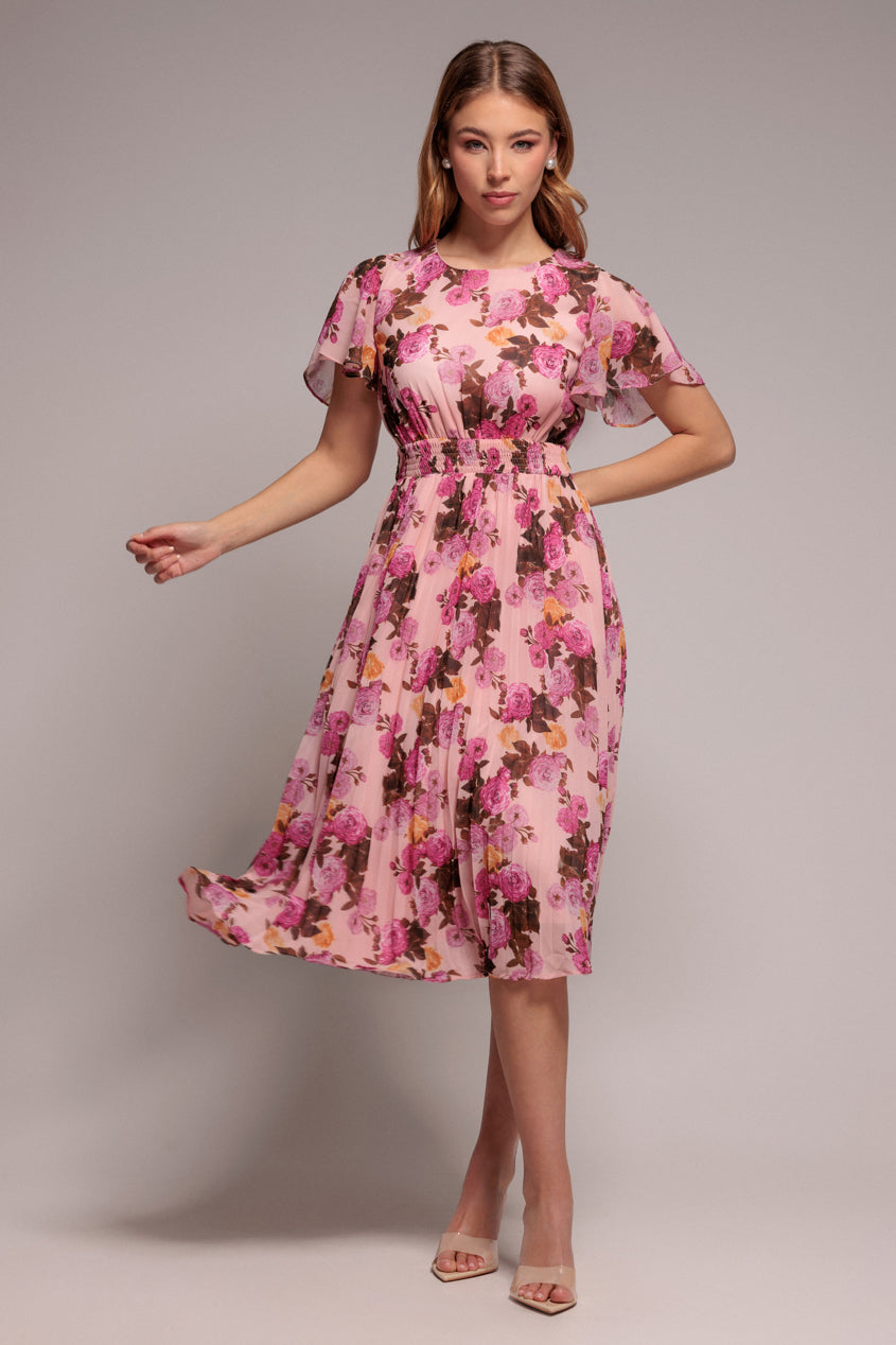 Pink Floral Flutter Sleeve Pleated Chiffon Midi Dress DR4565