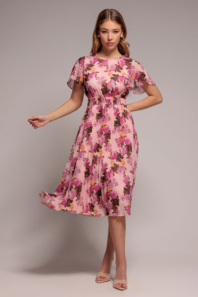 Pink - Pink Floral Flutter Sleeve Pleated Chiffon Midi Dress by Goddiva