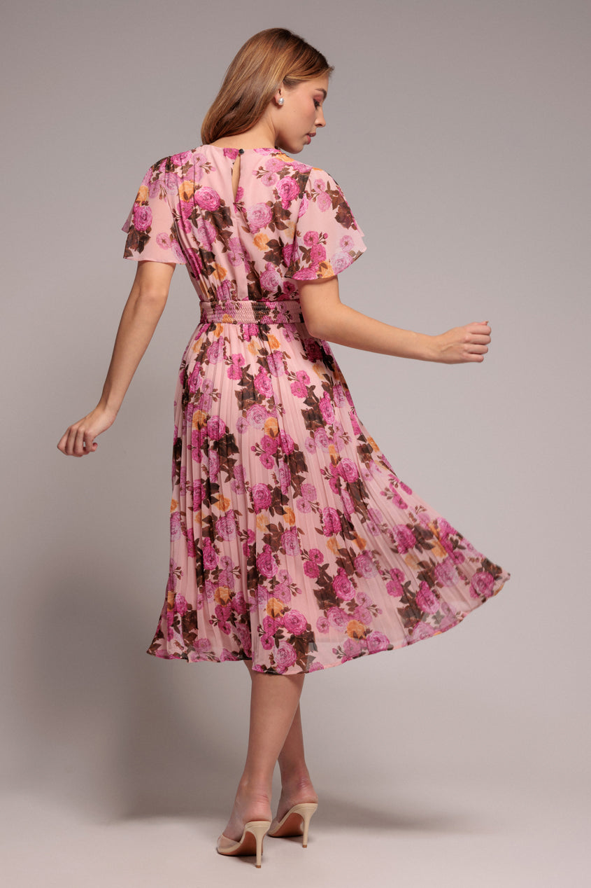 Pink Floral Flutter Sleeve Pleated Chiffon Midi Dress DR4565