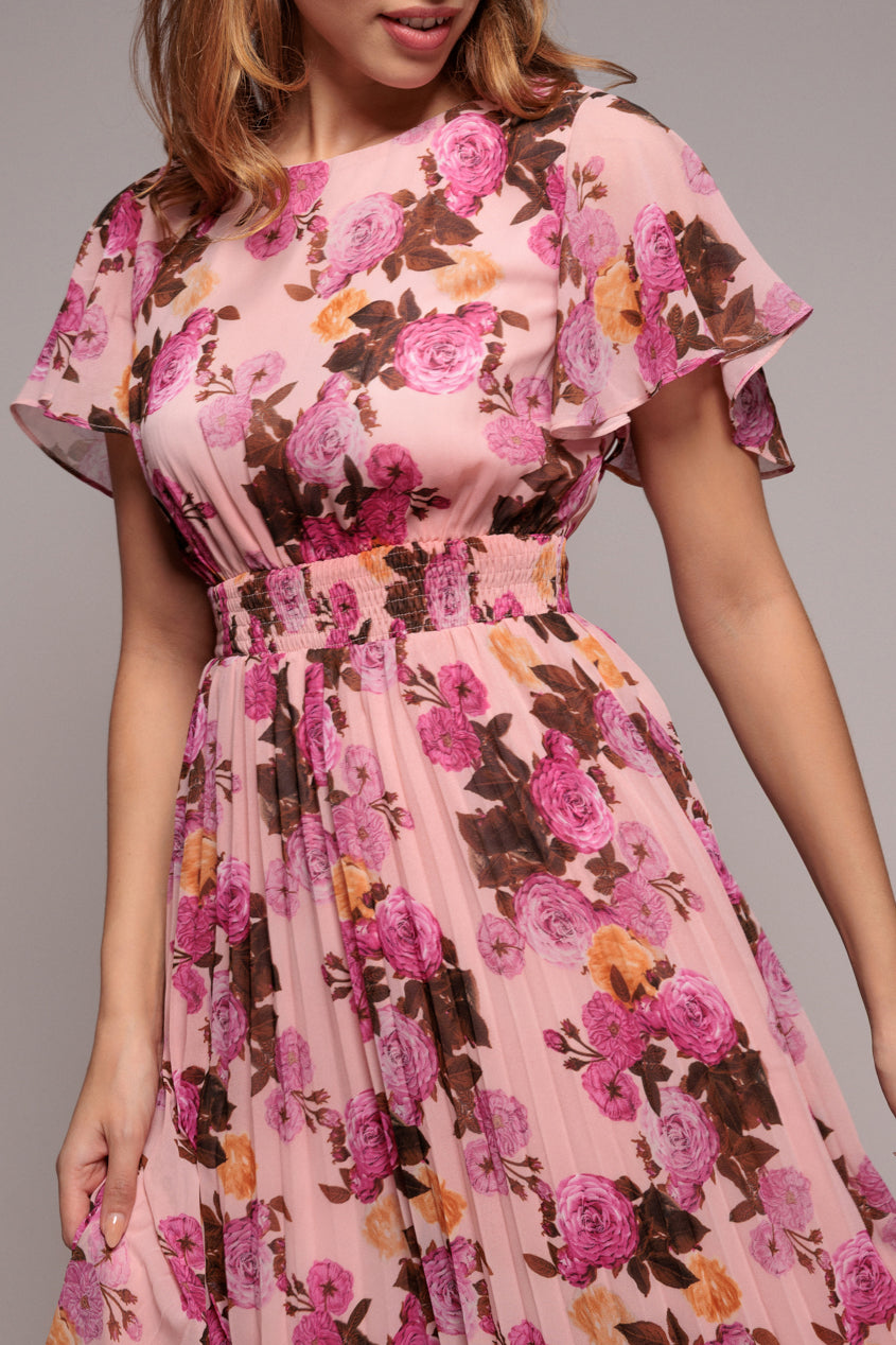 Pink Floral Flutter Sleeve Pleated Chiffon Midi Dress DR4565