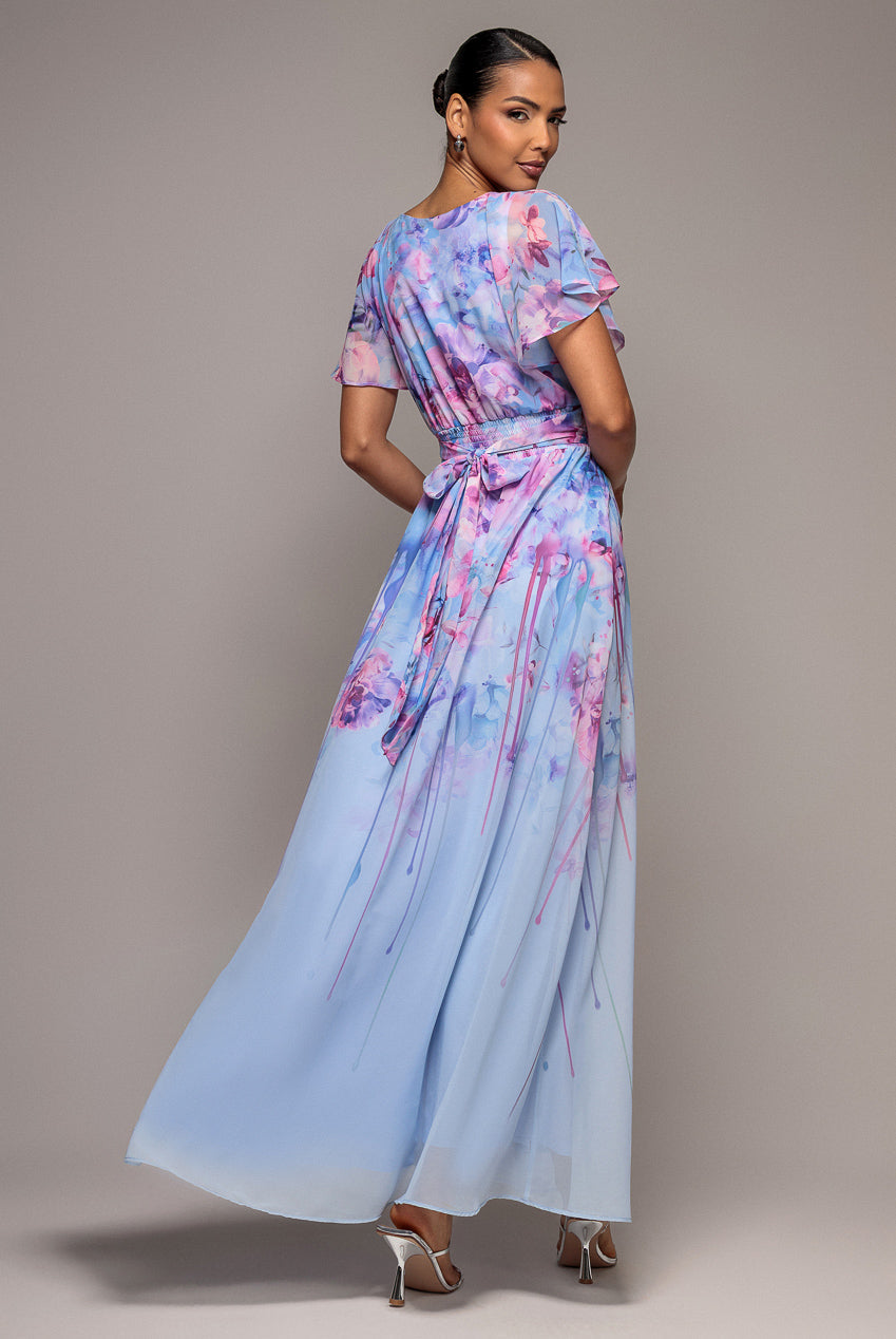 Blue Floral Silky Chiffon Flutter Sleeve Maxi Dress DR4579