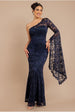 Navy Blue Scalloped Lace One Shoulder Maxi Dress by Goddiva