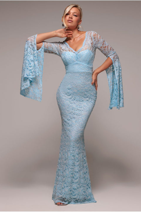 Sky Blue Corded Lace Cape Sleeve Mermaid Maxi Dress by Goddiva