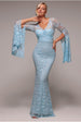 Sky Blue Corded Lace Cape Sleeve Mermaid Maxi Dress by Goddiva