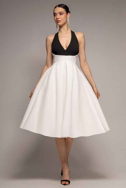 Black & Cream Halter Neck Pleated A-Line Midaxi Dress by Goddiva