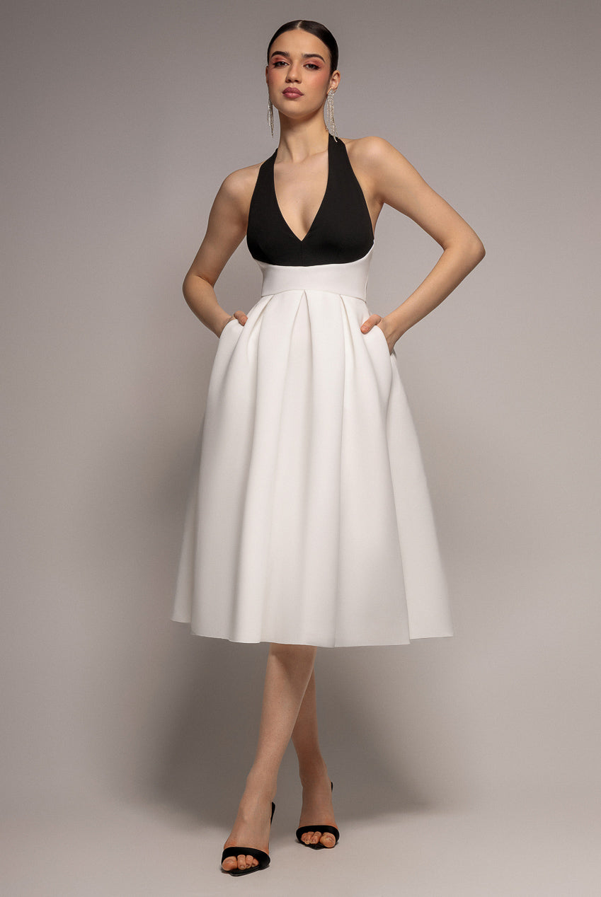 Black & Cream Halter Neck Pleated A-Line Midaxi Dress DR4630