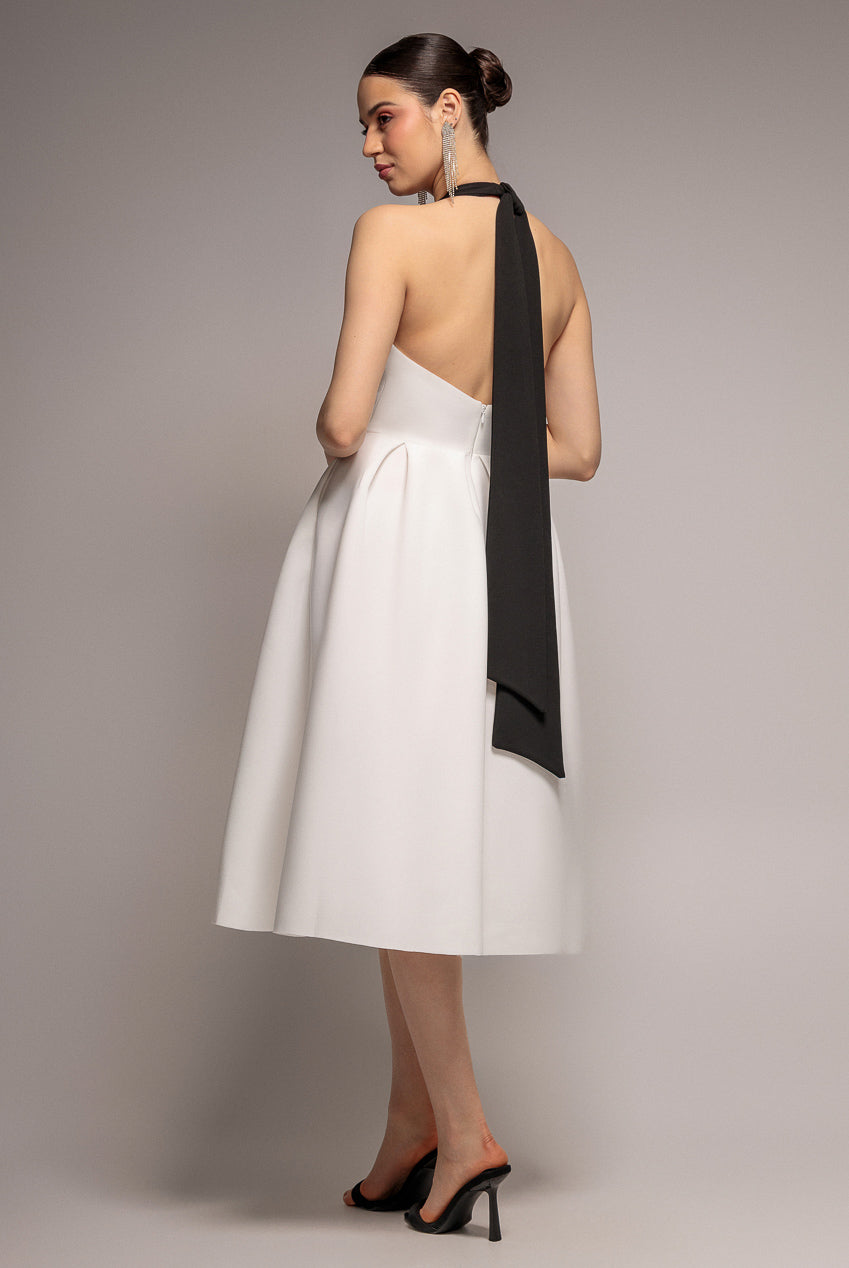 Black & Cream Halter Neck Pleated A-Line Midaxi Dress DR4630