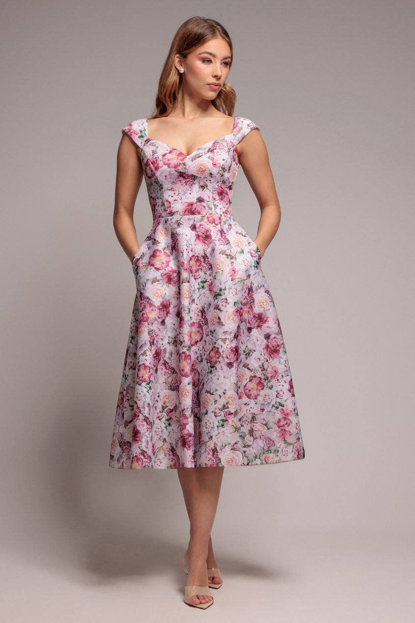 Blush Floral Sweetheart Neck A-Line Midi Dress DR4635
