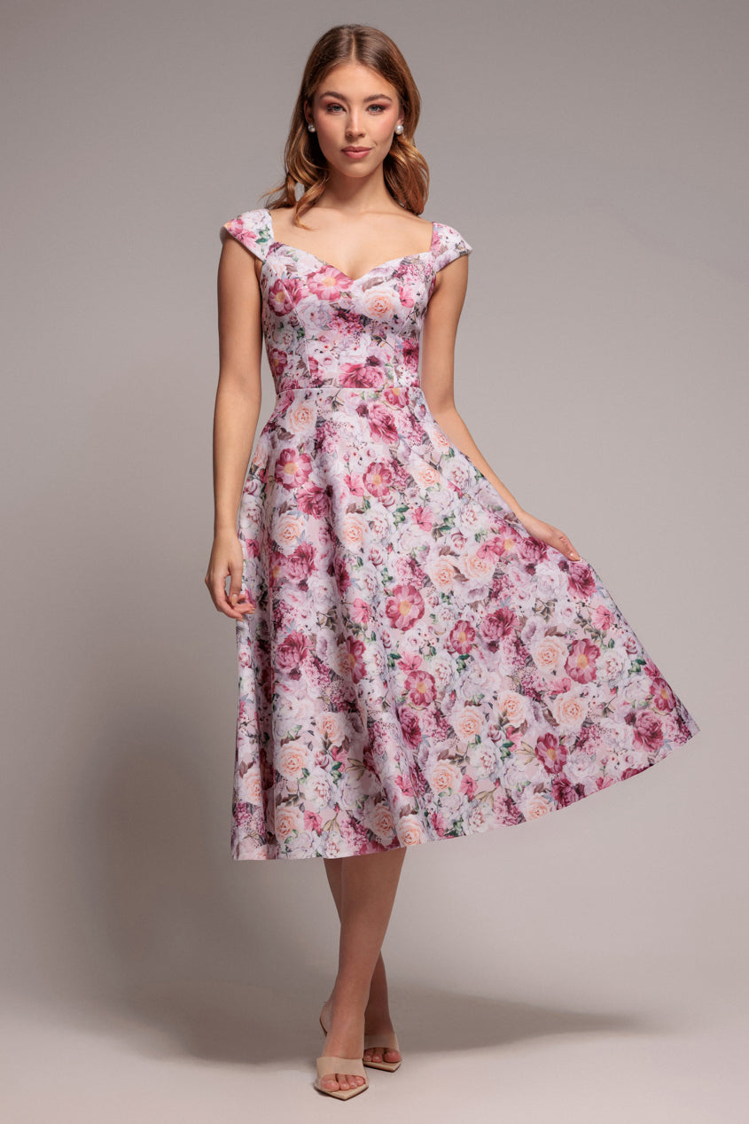 Blush Floral Sweetheart Neck A-Line Midi Dress DR4635