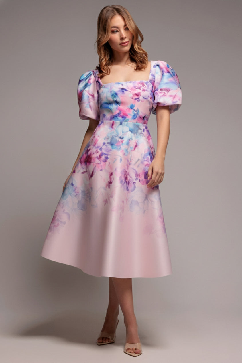 Blush Printed Square Neck Puff Sleeve A-Line Midi Dress DR4650