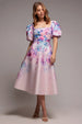 Blush Printed Square Neck Puff Sleeve A-Line Midi Dress by Goddiva