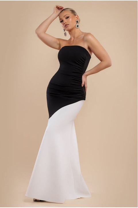 Black & Cream Colourblock Bandue Mermaid Maxi Dress by Goddiva