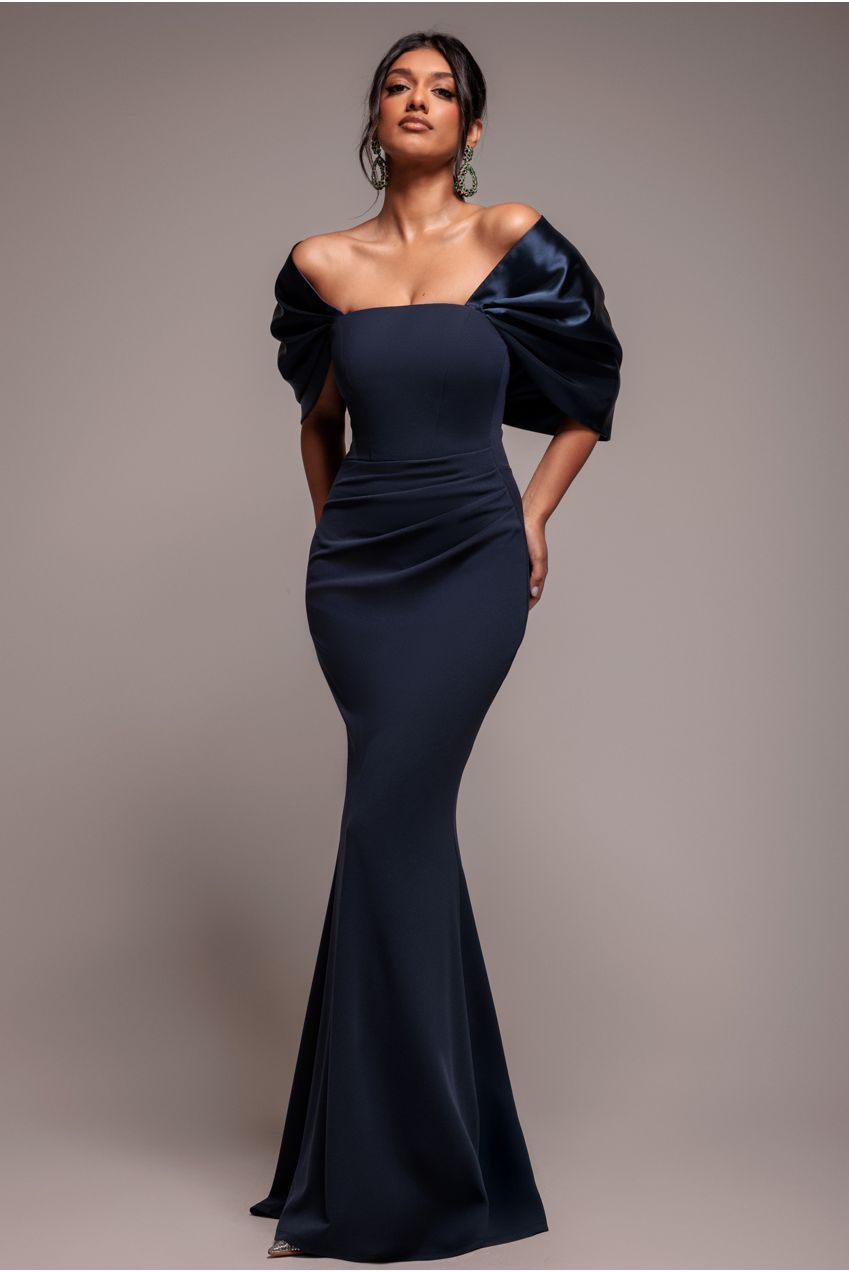 Navy Blue Off-Shoulder Satin Bow Back Maxi Dress DR4708
