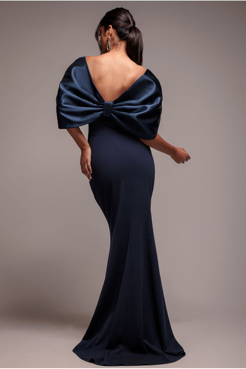 Navy Blue Off-Shoulder Satin Bow Back Maxi Dress by Goddiva
