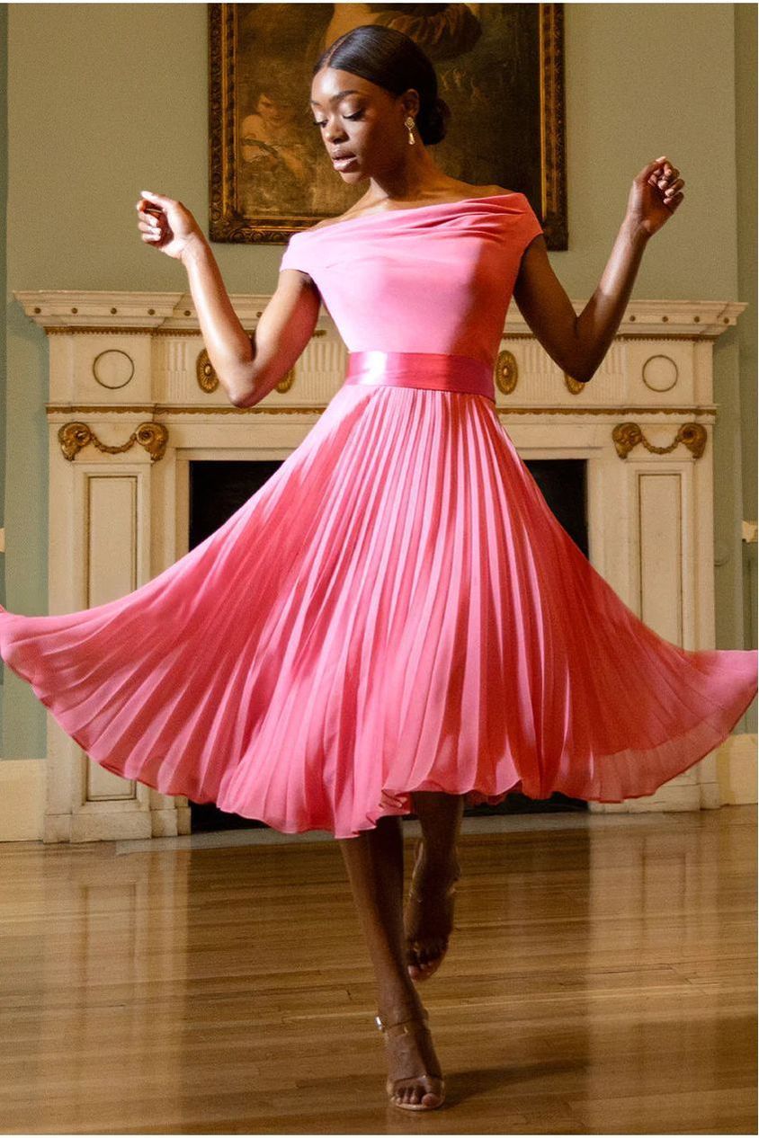 Coral Cowl Neck Pleated A-Line Chiffon Midi Dress DR4501