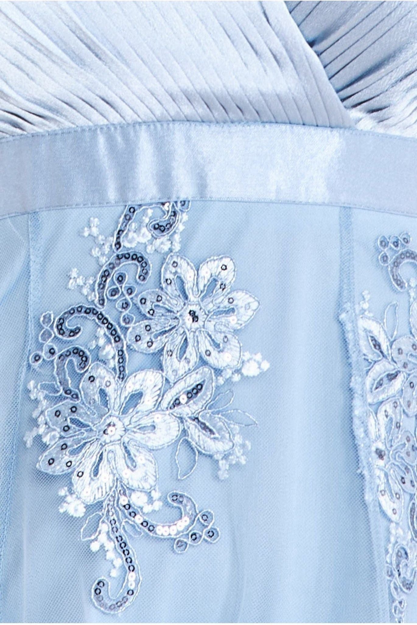 Light Blue Satin & Embroidered Lace V-Neck High-Low Midi Dress DR3813QZ