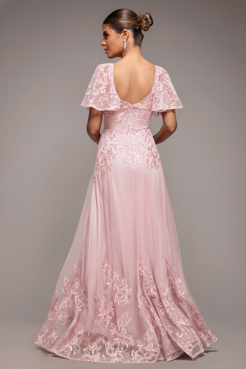 Pink Embroidered Mesh Flutter Sleeve A-Line Maxi Dress DR3942