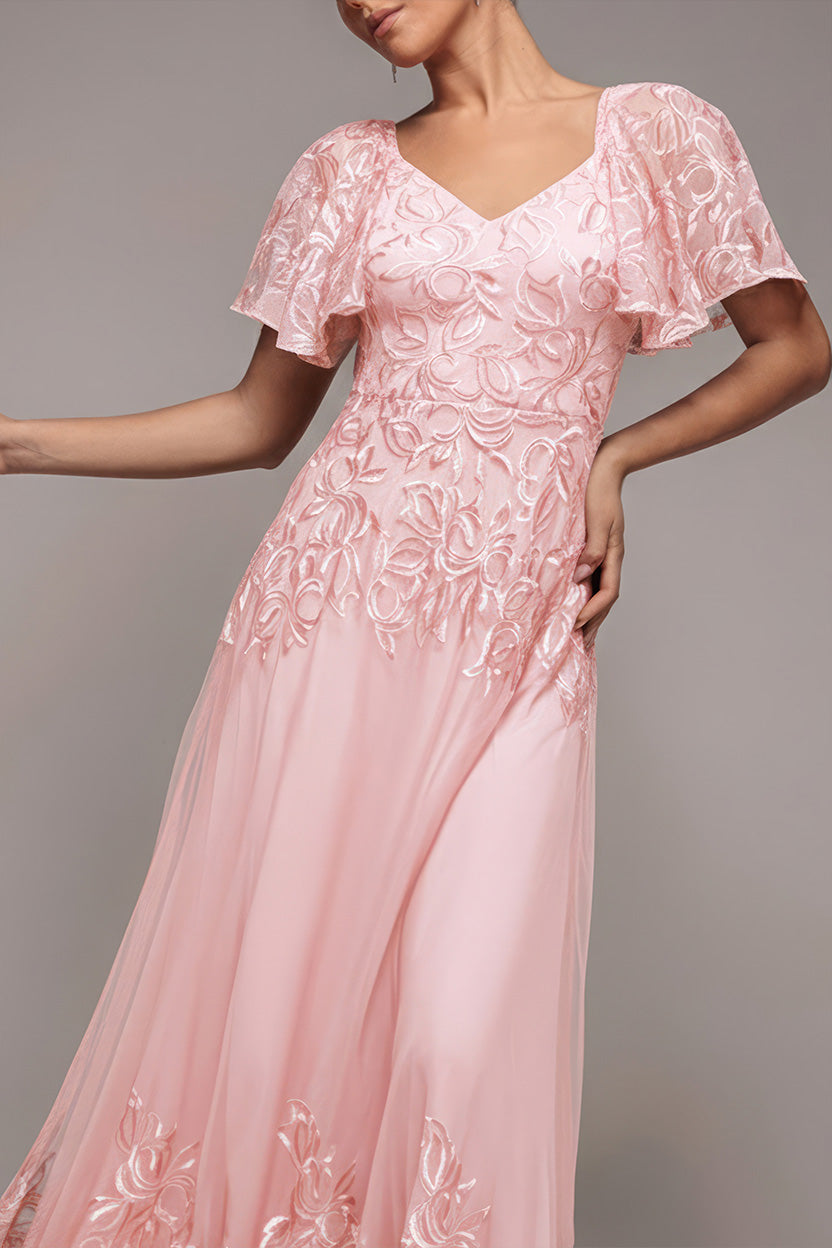 Pink Embroidered Mesh Flutter Sleeve A-Line Maxi Dress DR3942