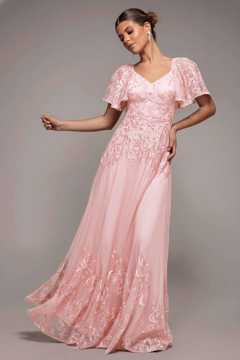 Pink Embroidered Mesh Flutter Sleeve A-Line Maxi Dress DR3942