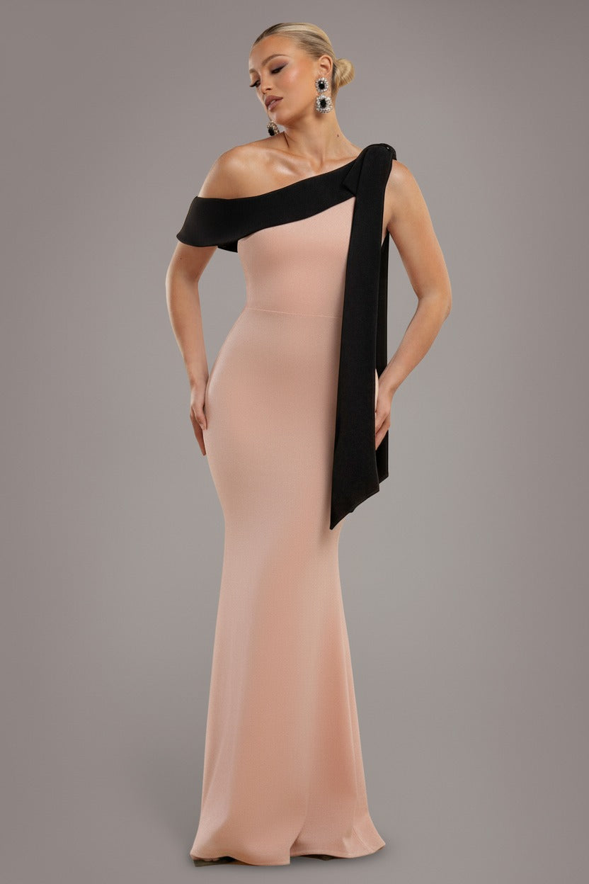 Nude & Black One Shoulder Bow Detail Maxi Dress DR4717