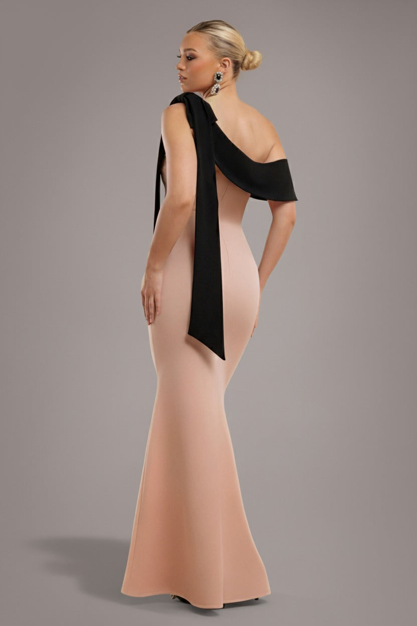 Nude & Black One Shoulder Bow Detail Maxi Dress DR4717